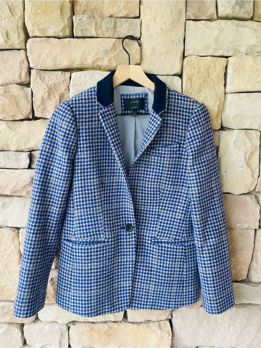 J. Crew Regent Blue Houndstooth Wool Blazer